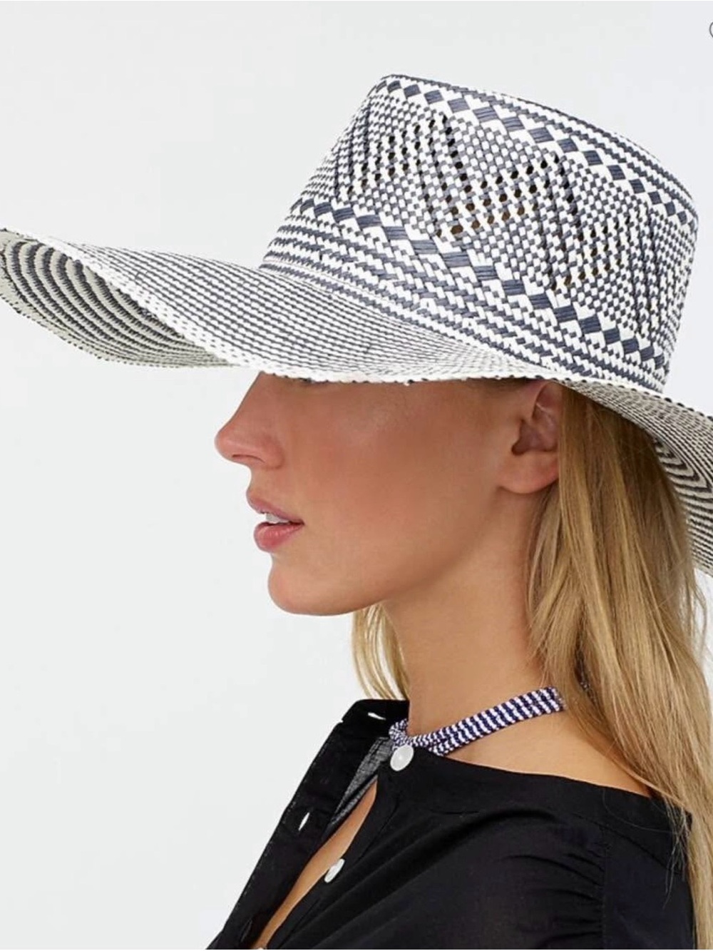 J.Crew Women's NavyWhite Woven Straw Sun Hat Wide Brim S/M
